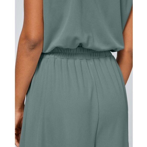 Halara V Neck Short Sleeve Side Pocket Wide Leg Waffle Casual Jumpsuit Sz Large - Picture 13 of 13